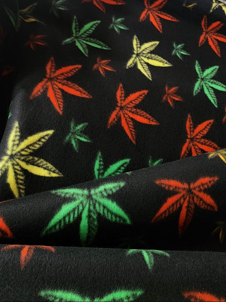 Multi Color Marijuana Leaf Print - Anti Pill Theme Fleece Fabric, 60” Inches Wide – Sold By The Yard