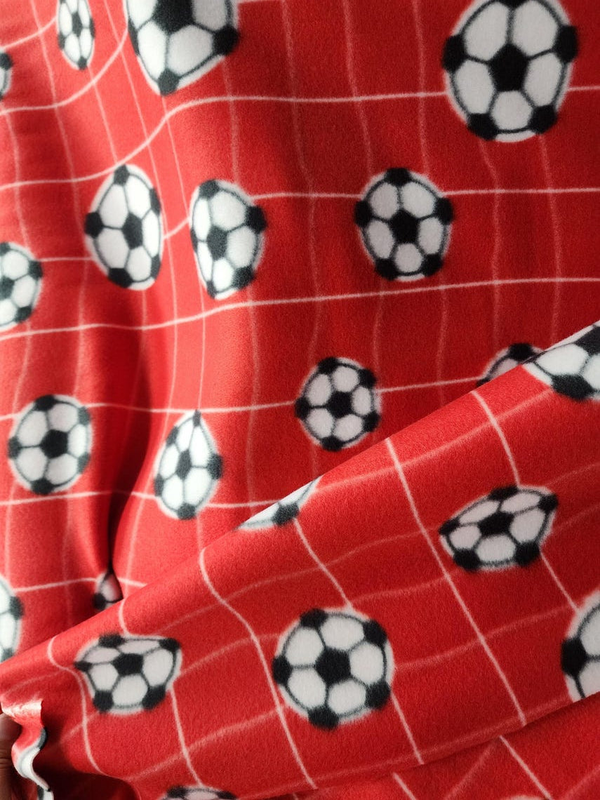 Soccer Ball Printed Anti Pill Theme Fleece Fabric, 60” Inches Wide – Sold By The Yard Red
