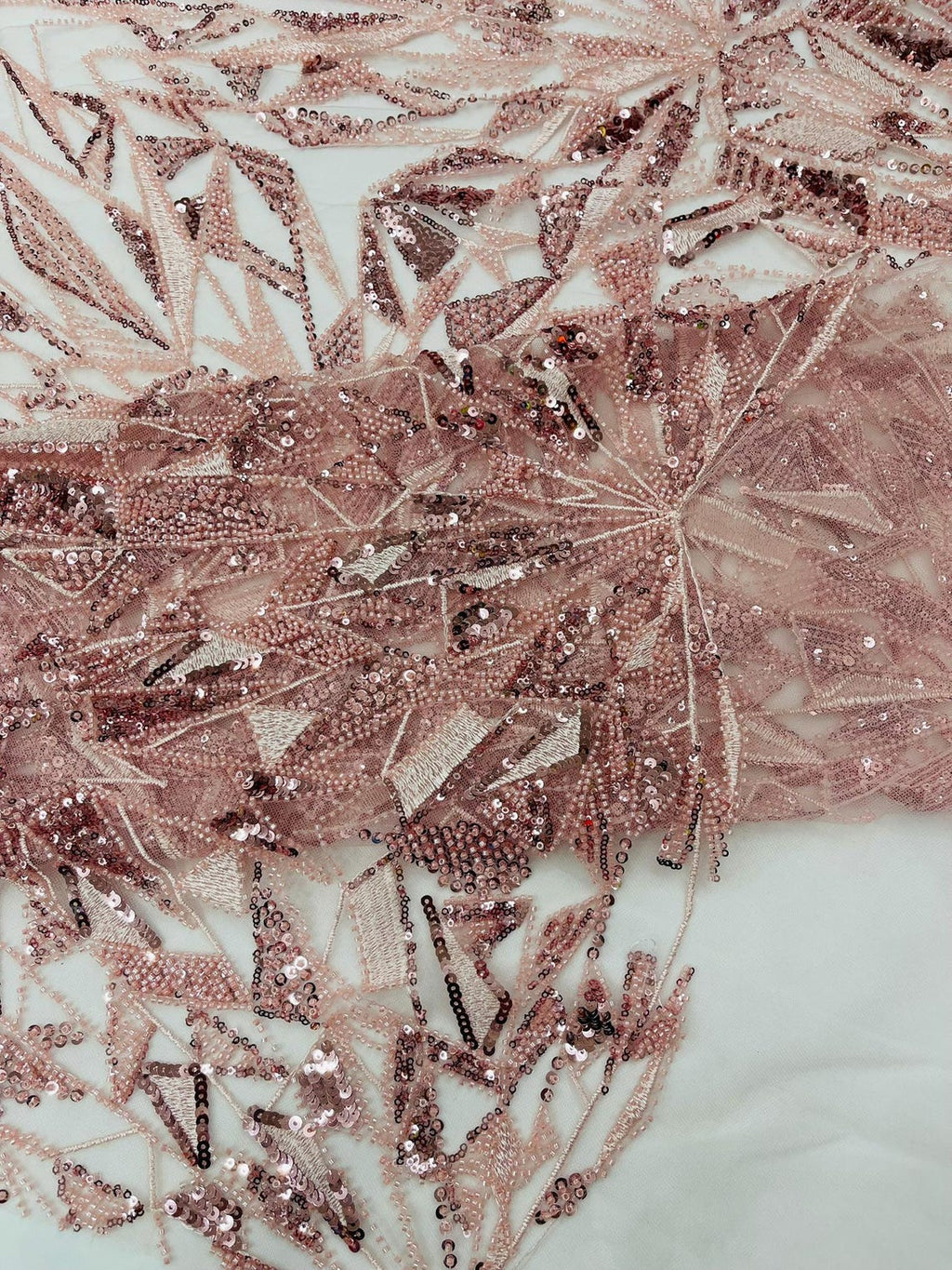 GEOMETRIC  - BLUSH - Designs Embroider with Sequins and Heavy Beaded on a Mesh Lace Fabric - Sold By The Yard