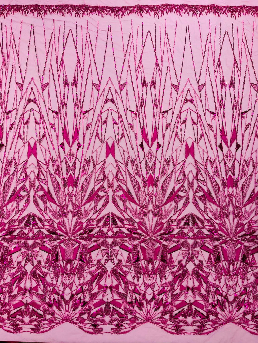 GEOMETRIC  - FUCHSIA - Designs Embroider with Sequins and Heavy Beaded on a Mesh Lace Fabric - Sold By The Yard