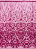 GEOMETRIC  - FUCHSIA - Designs Embroider with Sequins and Heavy Beaded on a Mesh Lace Fabric - Sold By The Yard