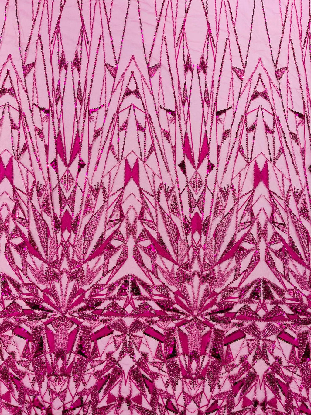 GEOMETRIC  - FUCHSIA - Designs Embroider with Sequins and Heavy Beaded on a Mesh Lace Fabric - Sold By The Yard