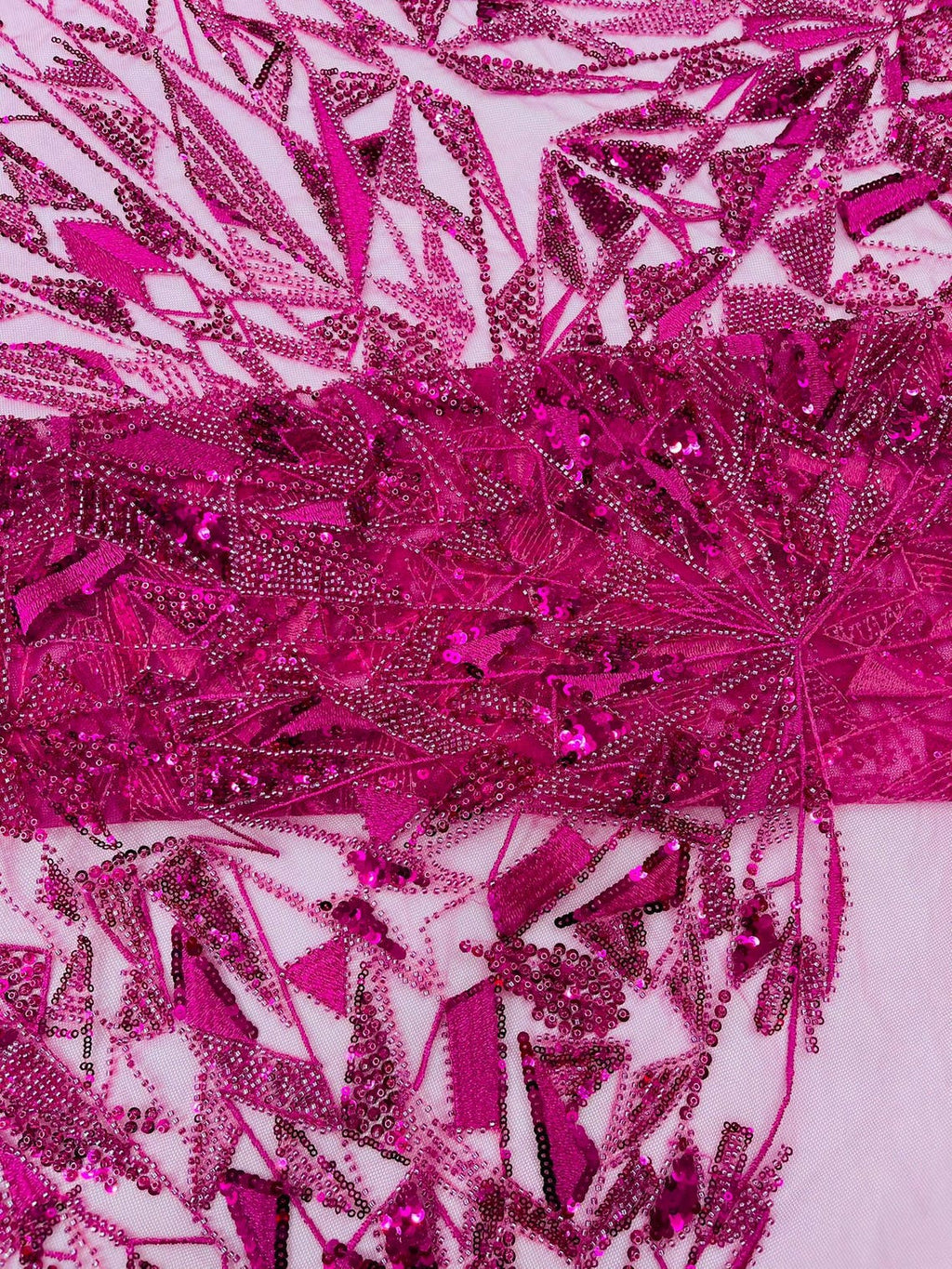 GEOMETRIC  - FUCHSIA - Designs Embroider with Sequins and Heavy Beaded on a Mesh Lace Fabric - Sold By The Yard