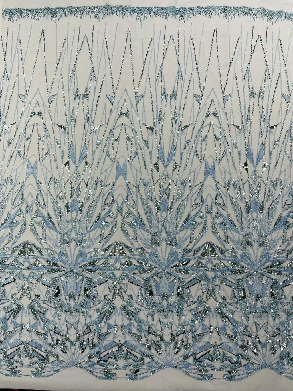 GEOMETRIC  - LT BLUE - Designs Embroider with Sequins and Heavy Beaded on a Mesh Lace Fabric - Sold By The Yard