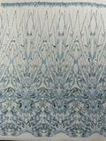 GEOMETRIC  - LT BLUE - Designs Embroider with Sequins and Heavy Beaded on a Mesh Lace Fabric - Sold By The Yard