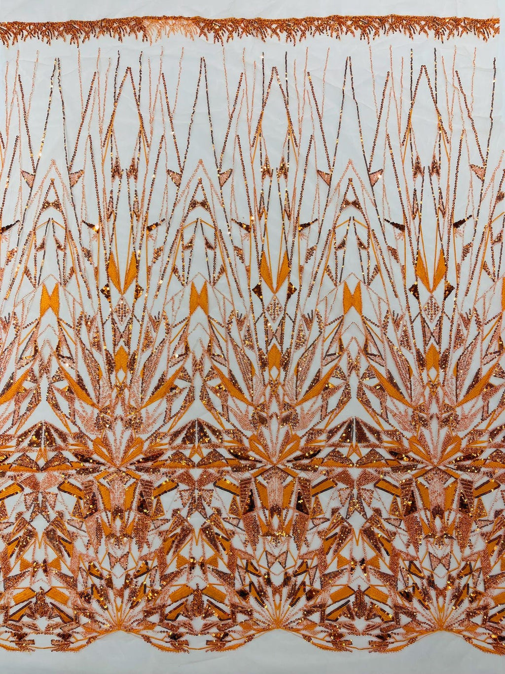 GEOMETRIC  -ORANGE - Designs Embroider with Sequins and Heavy Beaded on a Mesh Lace Fabric - Sold By The Yard
