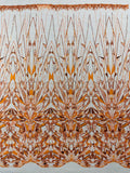 GEOMETRIC  -ORANGE - Designs Embroider with Sequins and Heavy Beaded on a Mesh Lace Fabric - Sold By The Yard