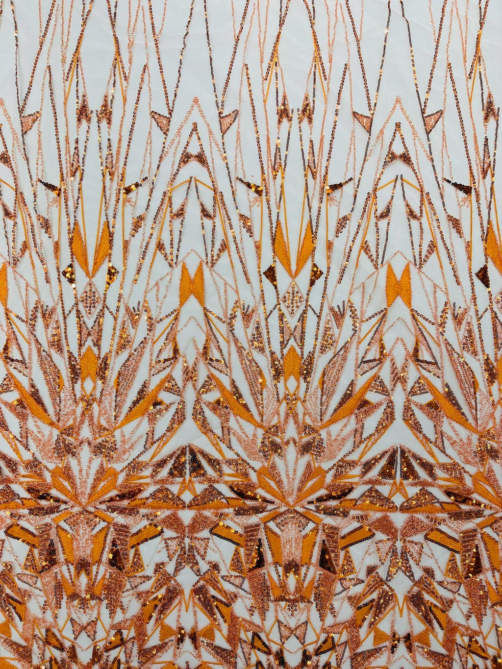 GEOMETRIC  -ORANGE - Designs Embroider with Sequins and Heavy Beaded on a Mesh Lace Fabric - Sold By The Yard