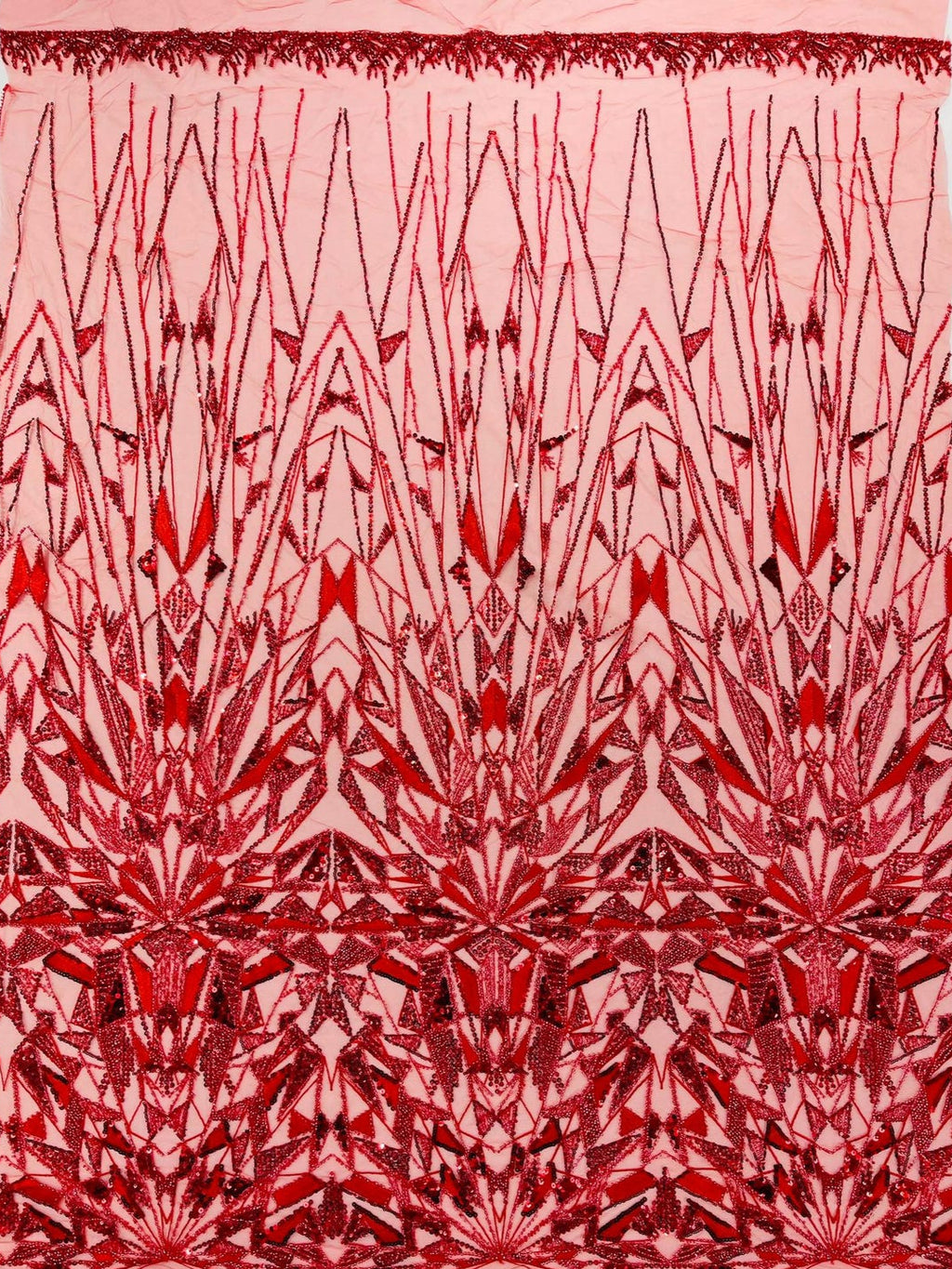 GEOMETRIC  - RED - Designs Embroider with Sequins and Heavy Beaded on a Mesh Lace Fabric - Sold By The Yard