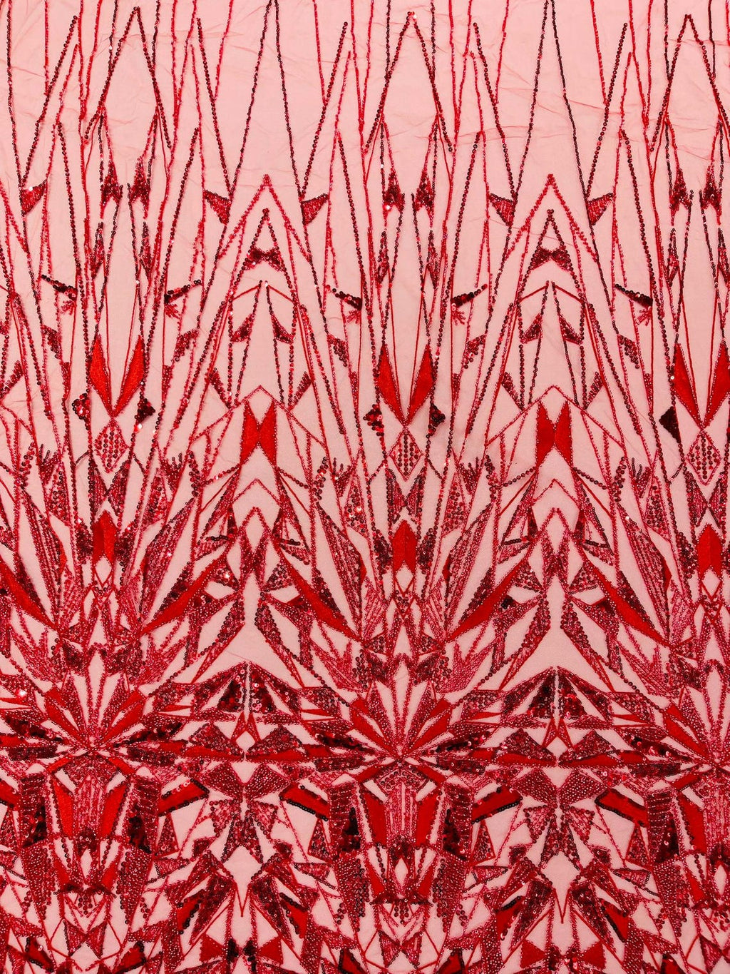 GEOMETRIC  - RED - Designs Embroider with Sequins and Heavy Beaded on a Mesh Lace Fabric - Sold By The Yard