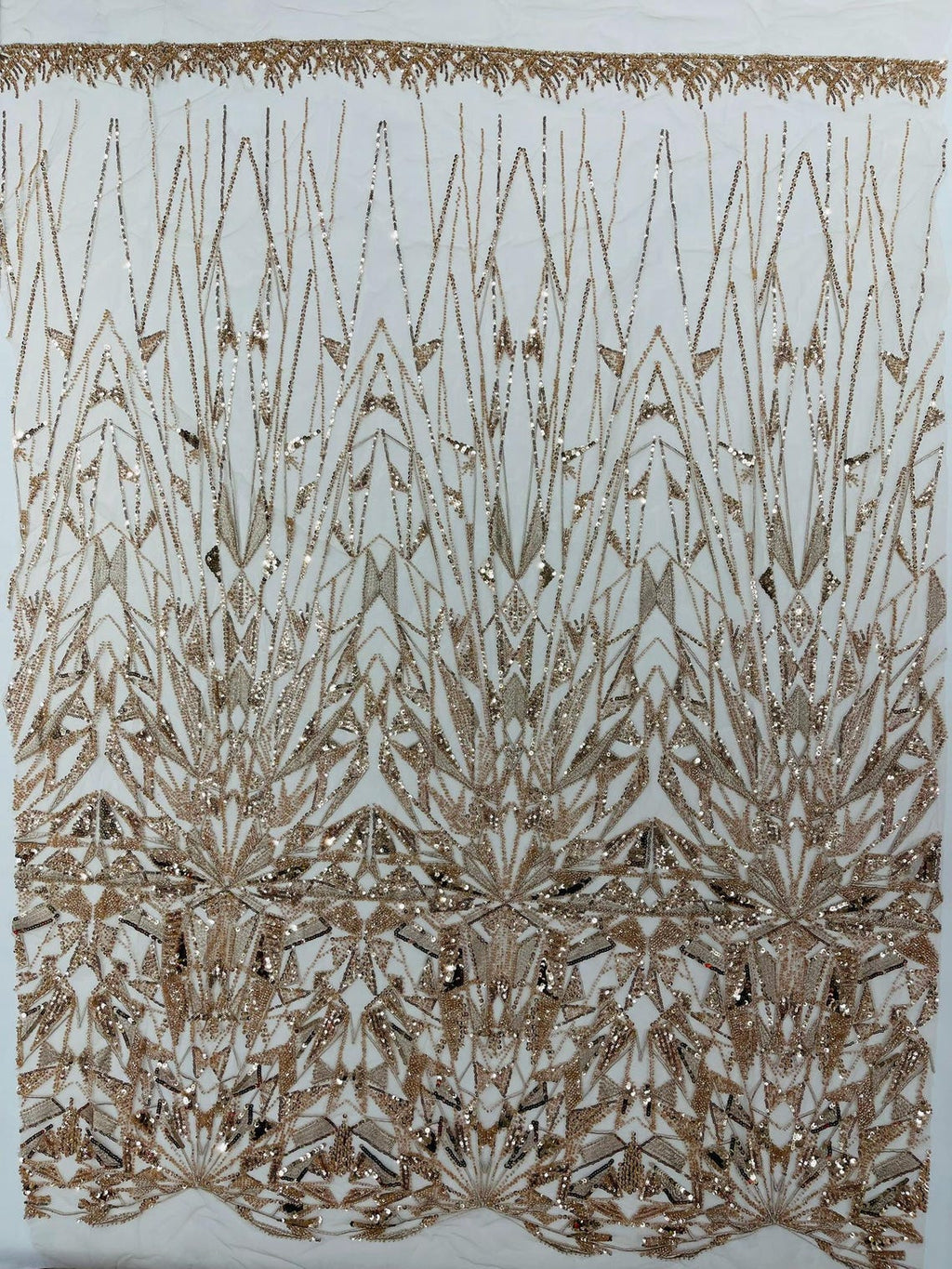 GEOMETRIC  - ROSE GOLD - Designs Embroider with Sequins and Heavy Beaded on a Mesh Lace Fabric - Sold By The Yard