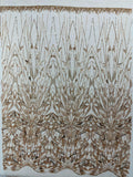 GEOMETRIC  - ROSE GOLD - Designs Embroider with Sequins and Heavy Beaded on a Mesh Lace Fabric - Sold By The Yard