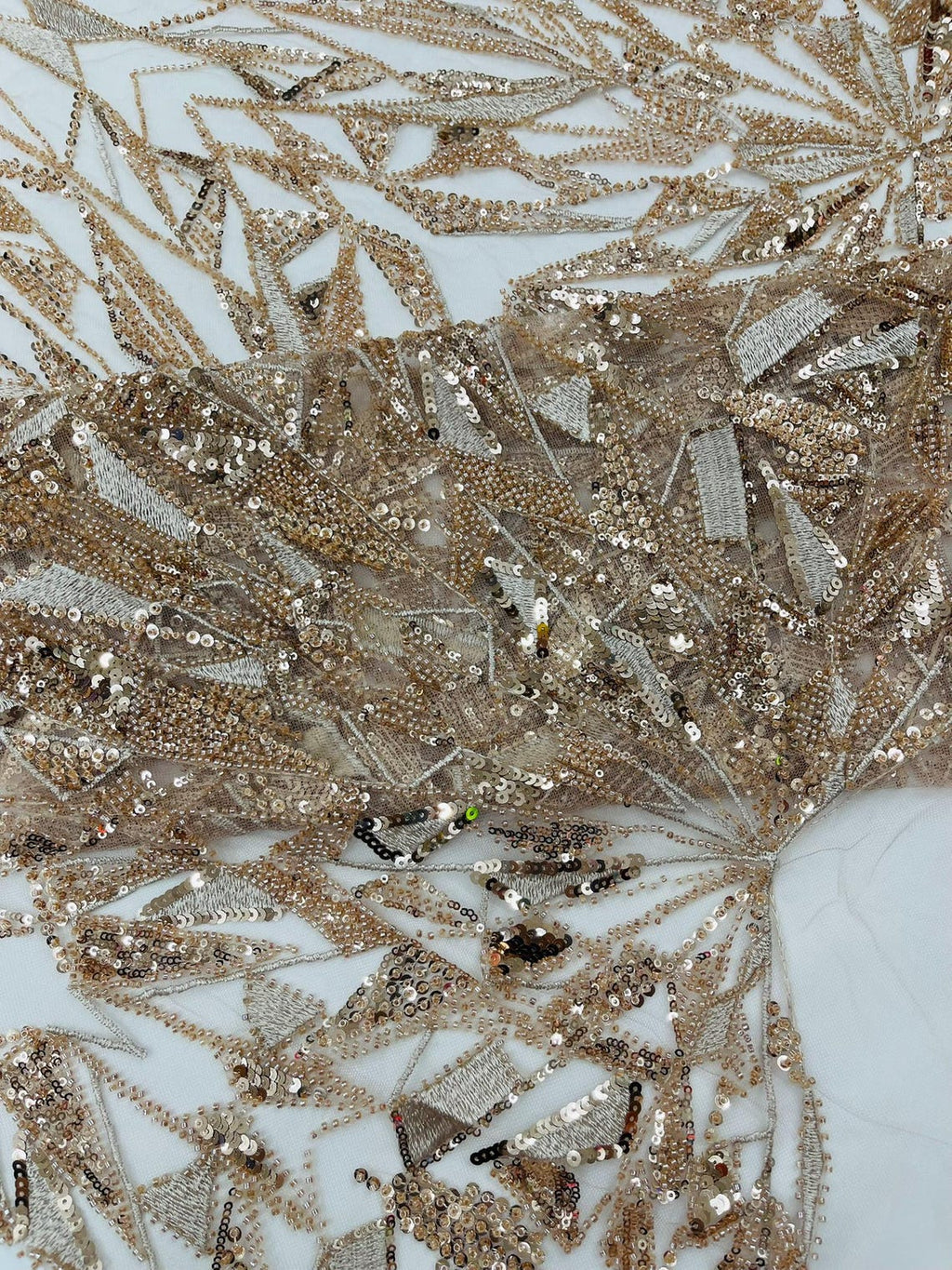 GEOMETRIC  - ROSE GOLD - Designs Embroider with Sequins and Heavy Beaded on a Mesh Lace Fabric - Sold By The Yard