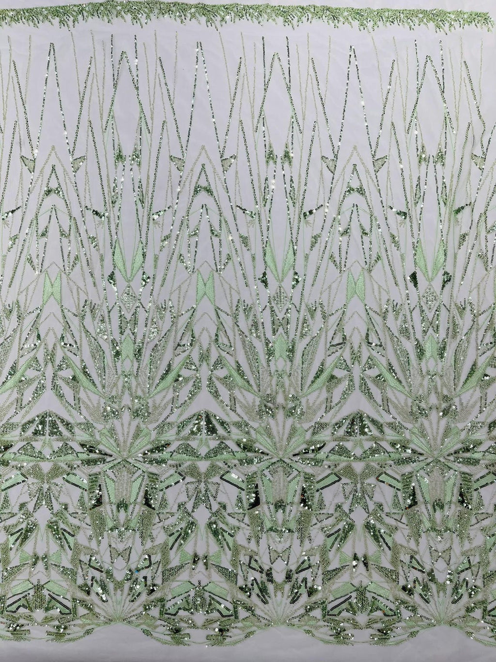 GEOMETRIC  - SAGE - Designs Embroider with Sequins and Heavy Beaded on a Mesh Lace Fabric - Sold By The Yard