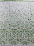 GEOMETRIC  - SAGE - Designs Embroider with Sequins and Heavy Beaded on a Mesh Lace Fabric - Sold By The Yard