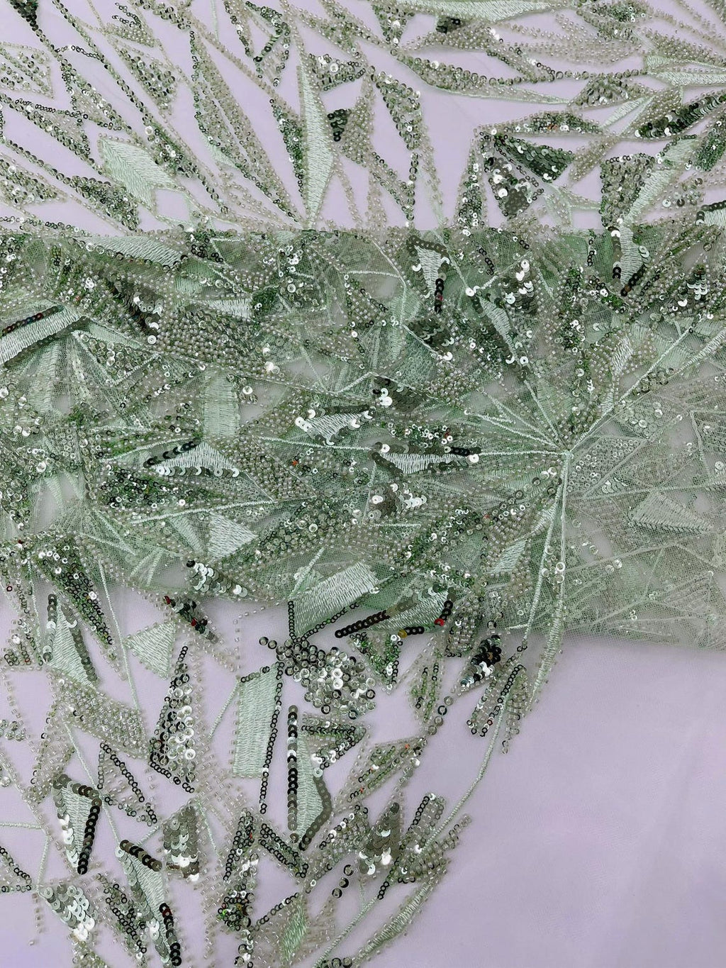 GEOMETRIC  - SAGE - Designs Embroider with Sequins and Heavy Beaded on a Mesh Lace Fabric - Sold By The Yard