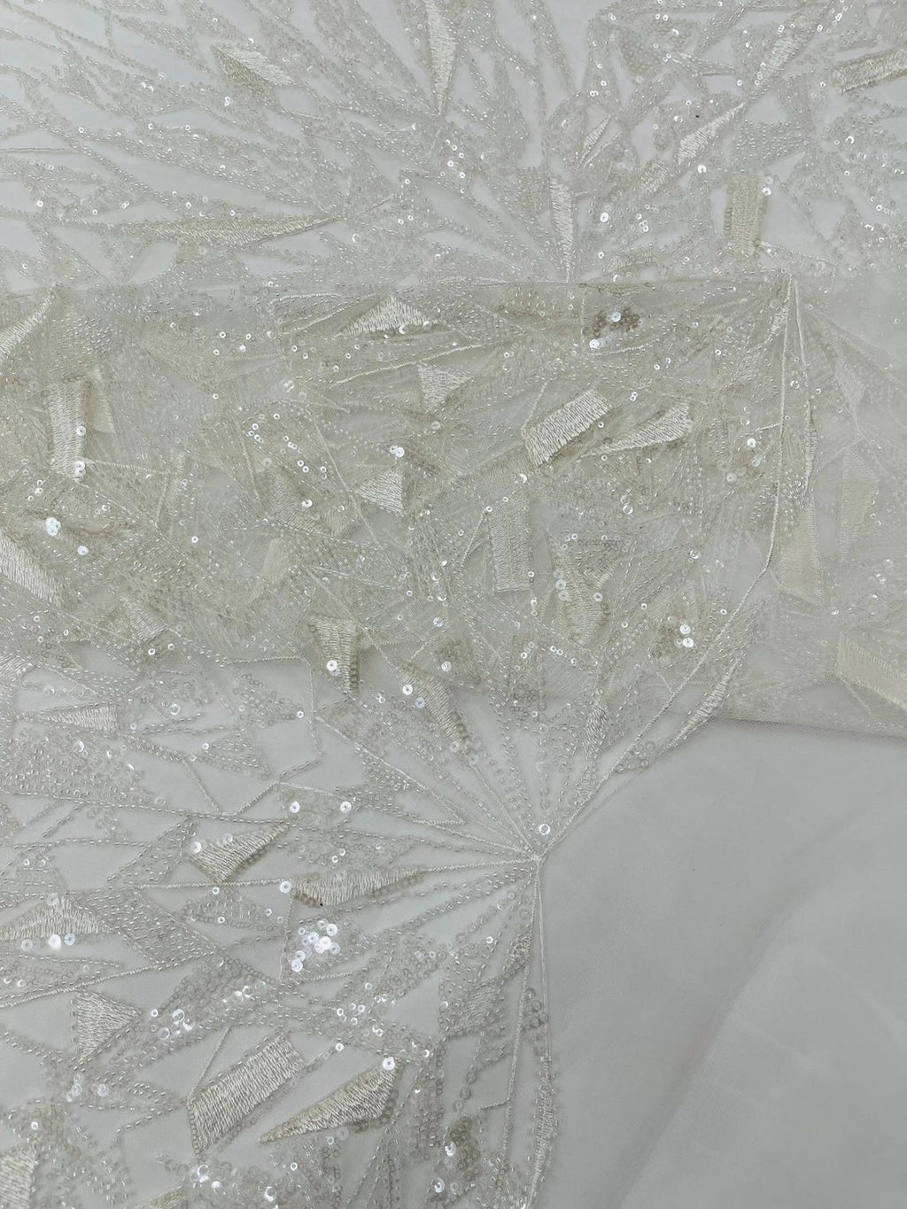 GEOMETRIC  - WHITE - Designs Embroider with Sequins and Heavy Beaded on a Mesh Lace Fabric - Sold By The Yard