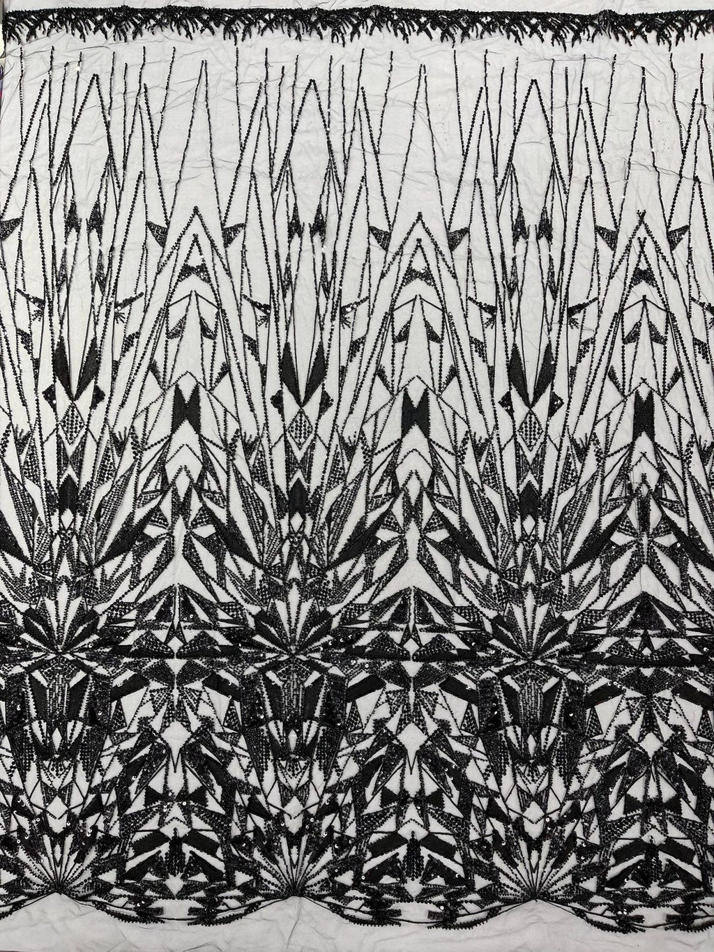 GEOMETRIC  - BLACK - Designs Embroider with Sequins and Heavy Beaded on a Mesh Lace Fabric - Sold By The Yard