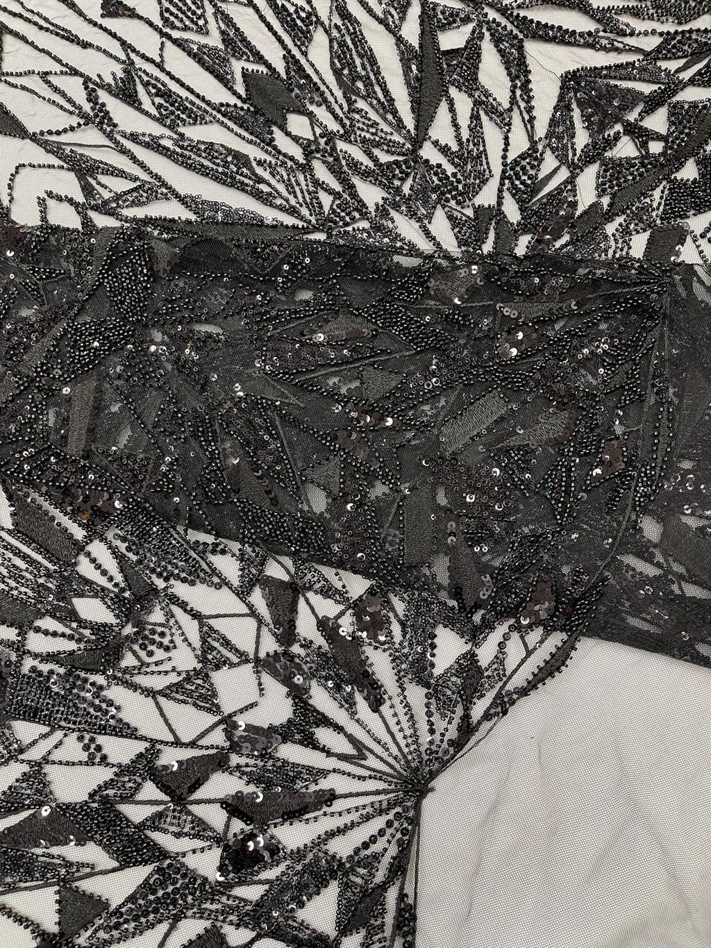 GEOMETRIC  - BLACK - Designs Embroider with Sequins and Heavy Beaded on a Mesh Lace Fabric - Sold By The Yard