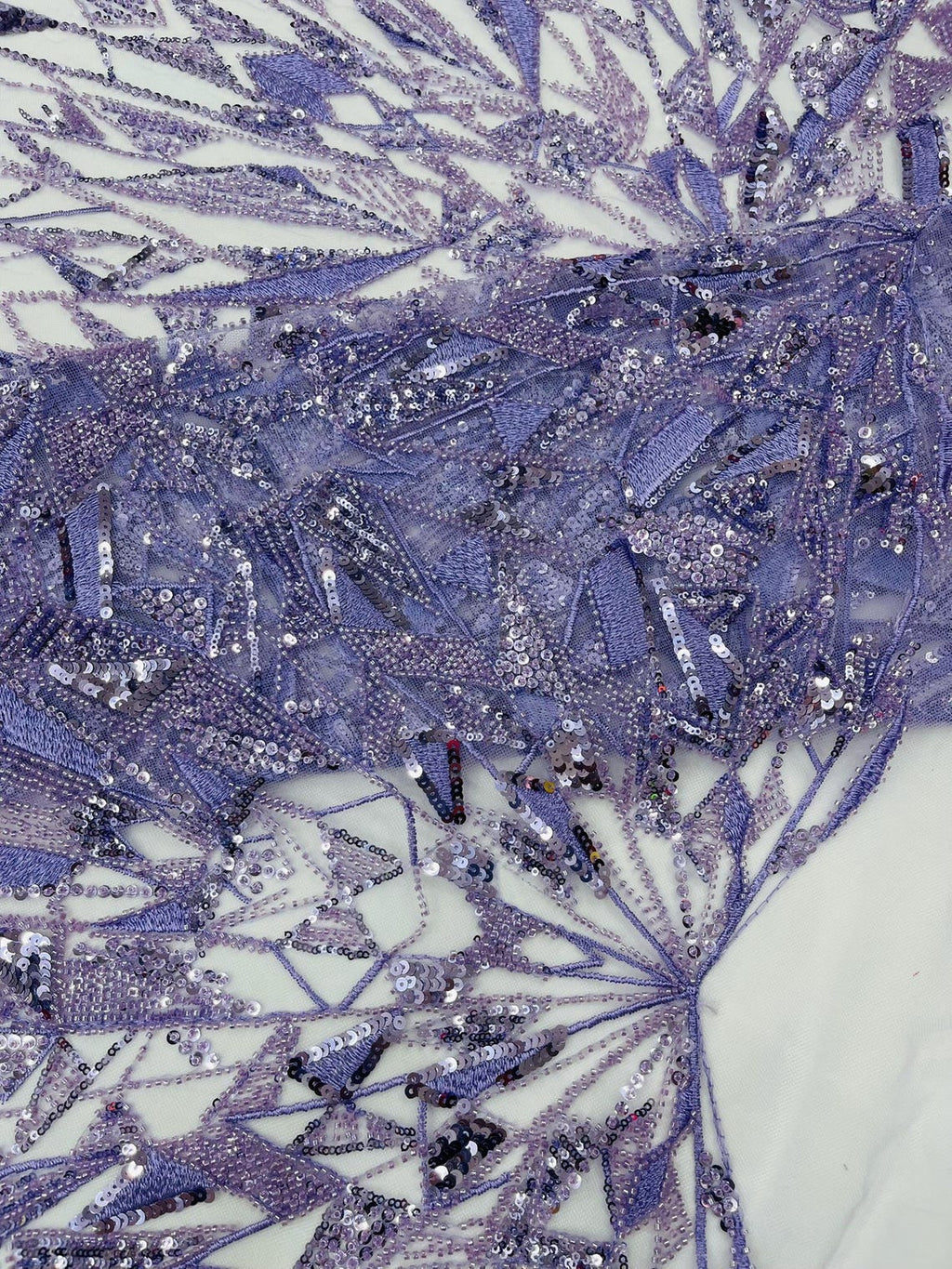 GEOMETRIC  - LAVENDER - Designs Embroider with Sequins and Heavy Beaded on a Mesh Lace Fabric - Sold By The Yard