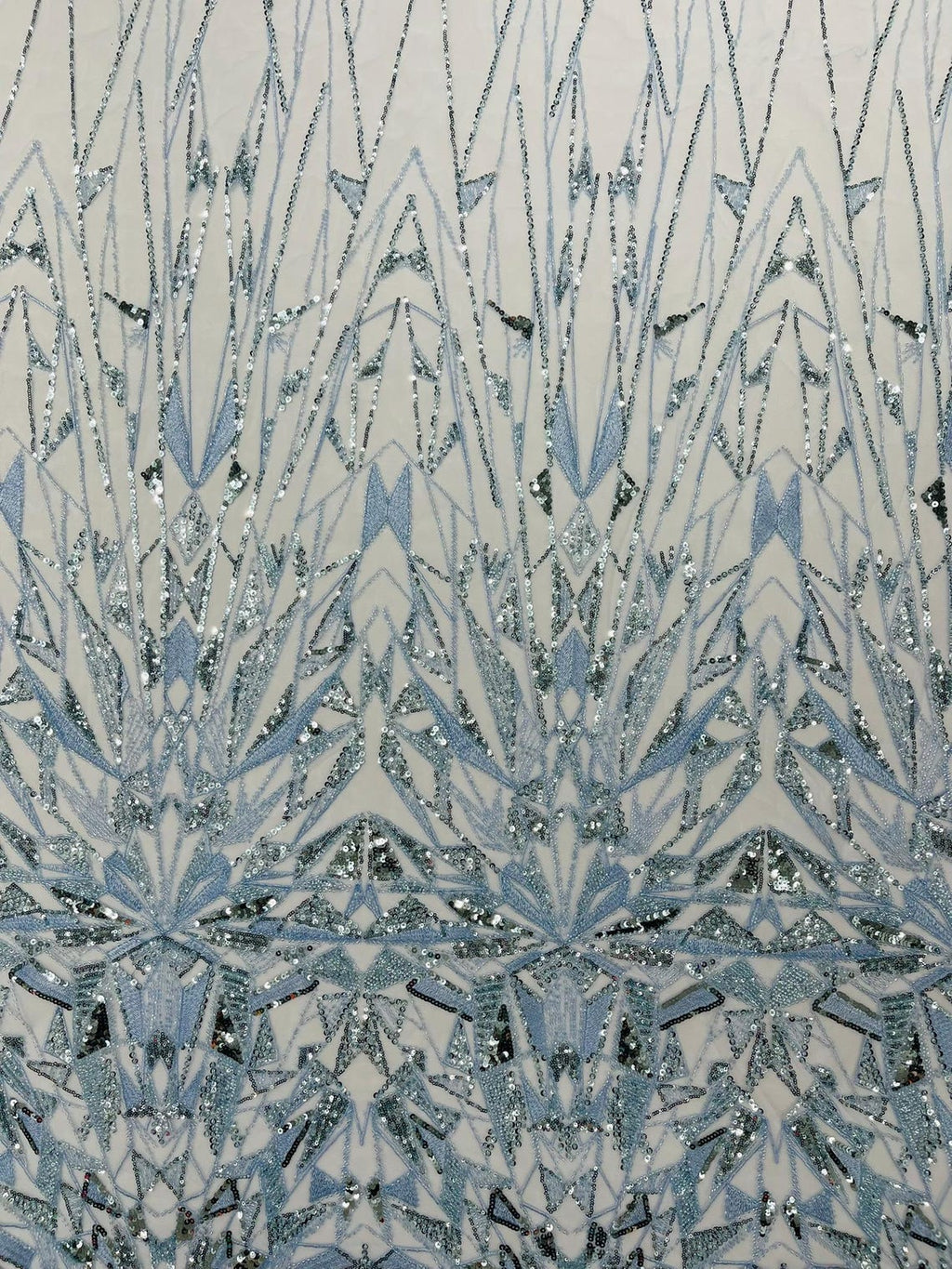 GEOMETRIC  - LT BLUE - Designs Embroider with Sequins and Heavy Beaded on a Mesh Lace Fabric - Sold By The Yard