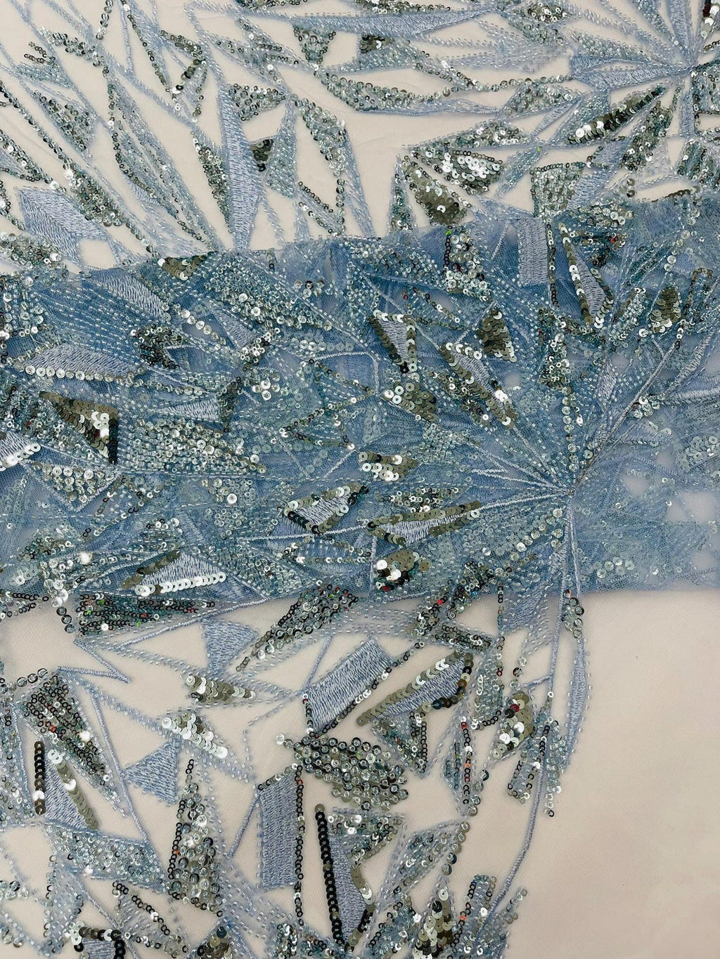 GEOMETRIC  - LT BLUE - Designs Embroider with Sequins and Heavy Beaded on a Mesh Lace Fabric - Sold By The Yard
