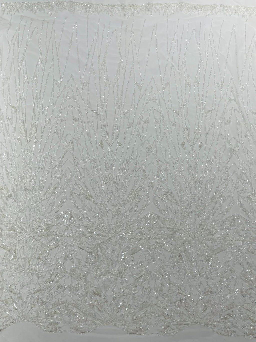 GEOMETRIC  -OFF WHITE - Designs Embroider with Sequins and Heavy Beaded on a Mesh Lace Fabric - Sold By The Yard