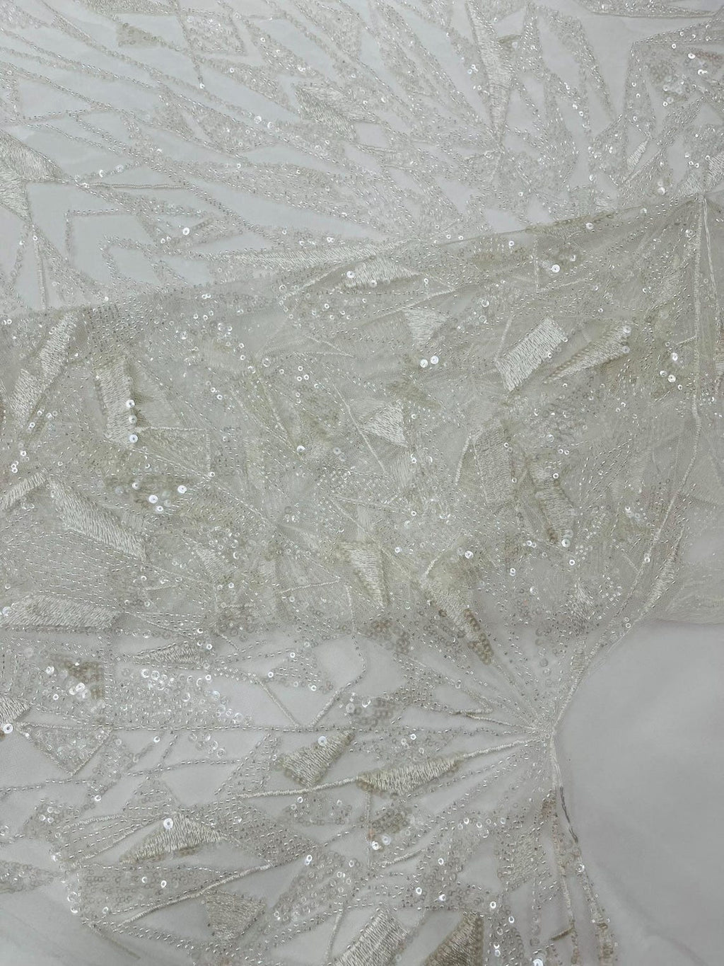 GEOMETRIC  -OFF WHITE - Designs Embroider with Sequins and Heavy Beaded on a Mesh Lace Fabric - Sold By The Yard