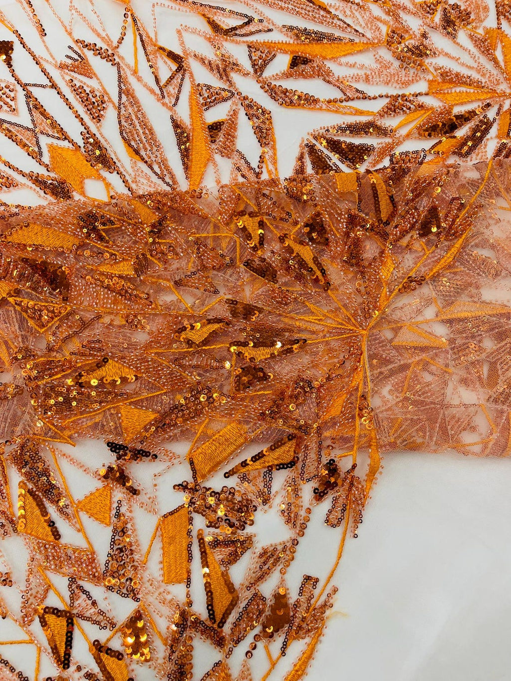 GEOMETRIC  -ORANGE - Designs Embroider with Sequins and Heavy Beaded on a Mesh Lace Fabric - Sold By The Yard