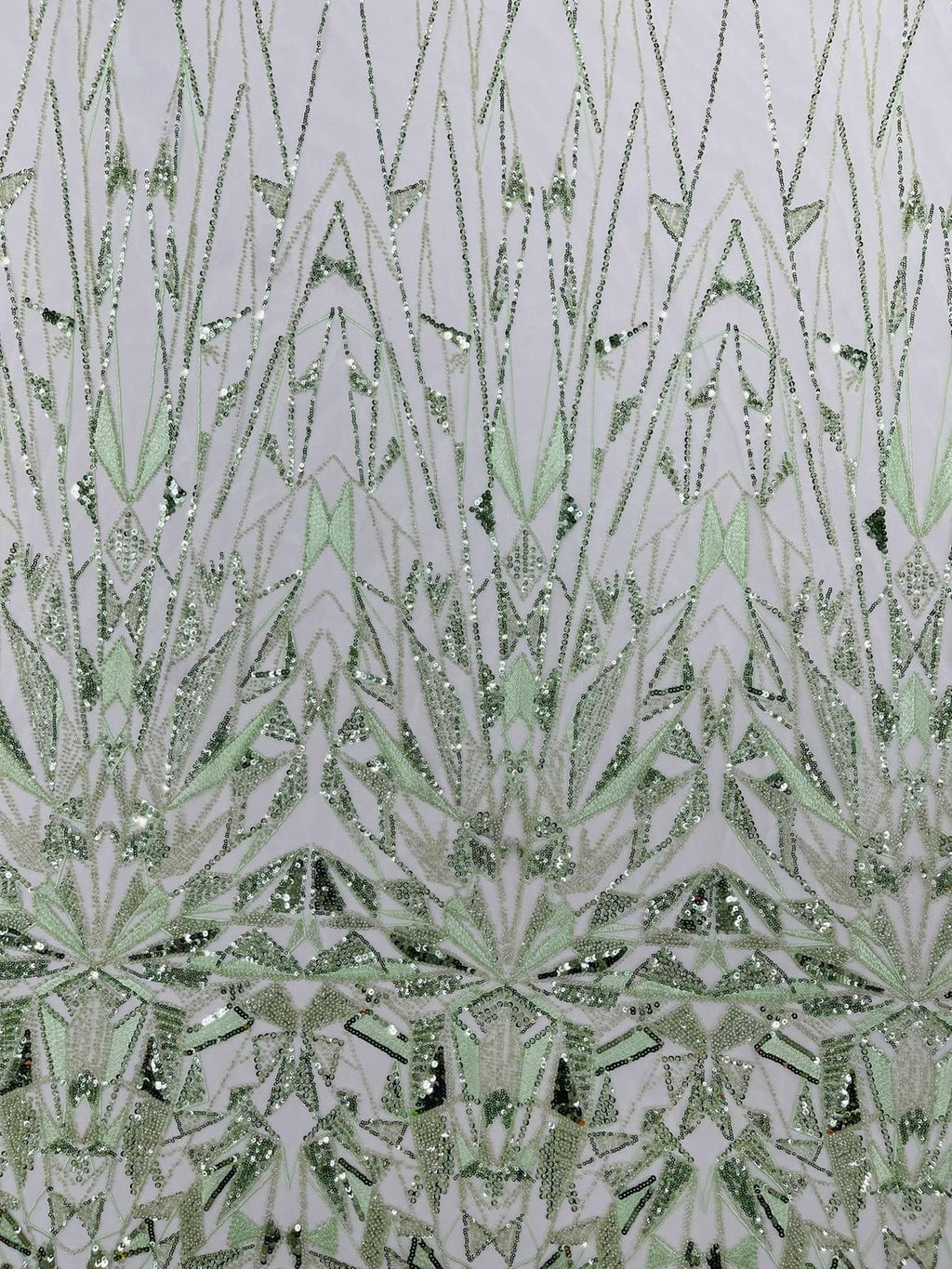 GEOMETRIC  - SAGE - Designs Embroider with Sequins and Heavy Beaded on a Mesh Lace Fabric - Sold By The Yard