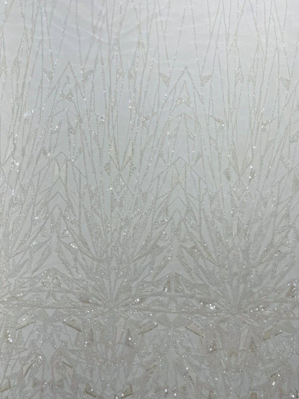 GEOMETRIC  - WHITE - Designs Embroider with Sequins and Heavy Beaded on a Mesh Lace Fabric - Sold By The Yard