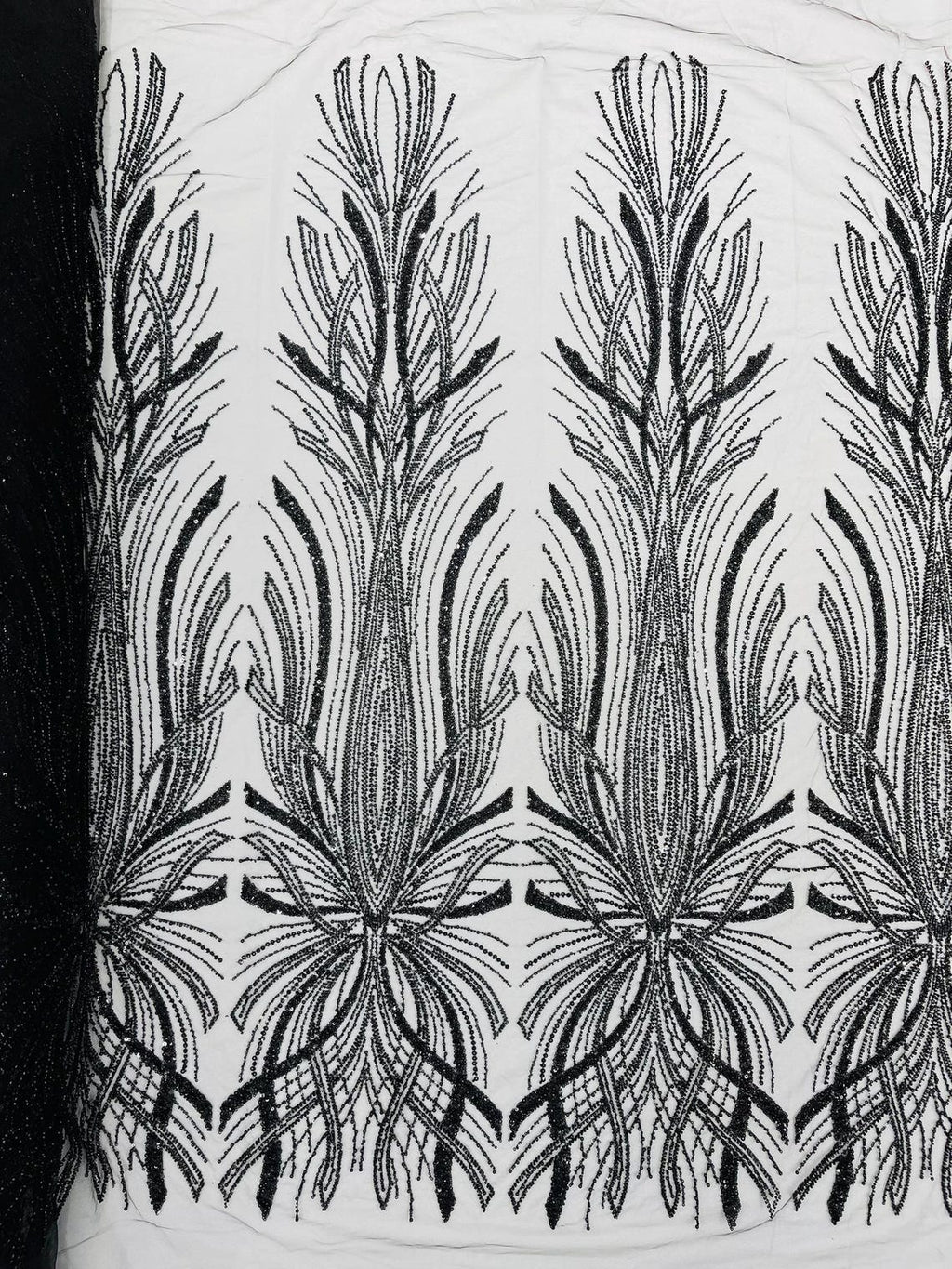 BRIDAL  - BLACK - Designs Embroider with Sequins and Heavy Beaded on a Mesh Lace Fabric - Sold By The Yard