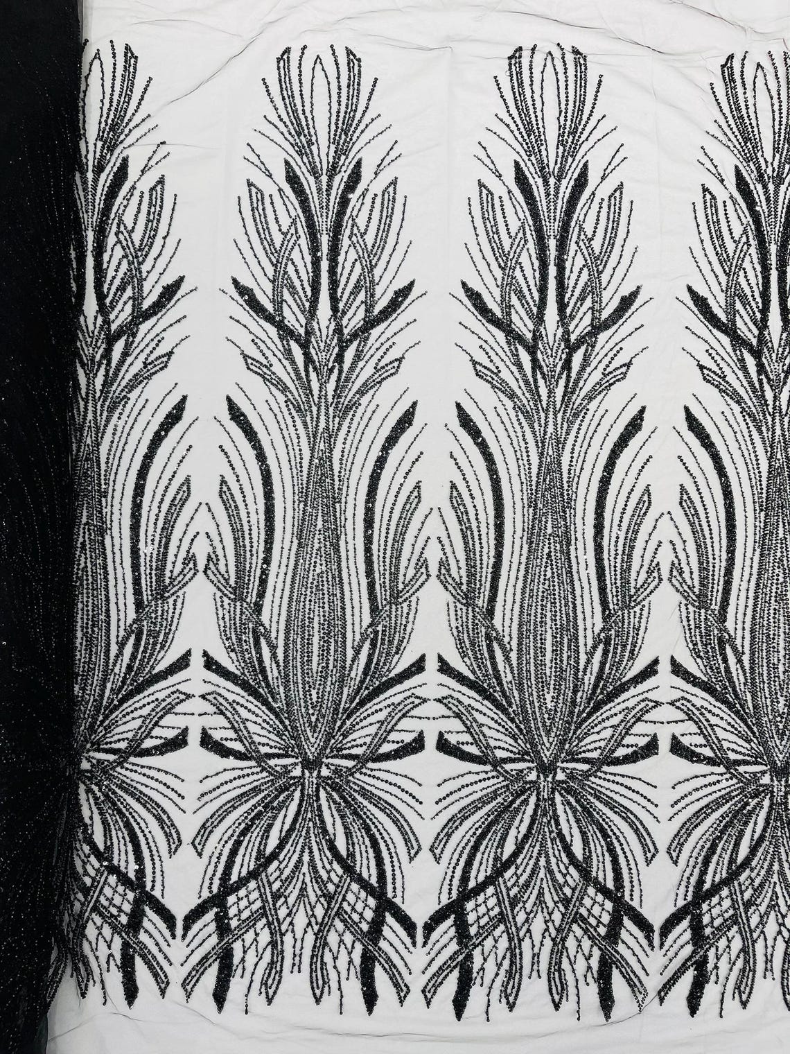 BRIDAL  - BLACK - Designs Embroider with Sequins and Heavy Beaded on a Mesh Lace Fabric - Sold By The Yard