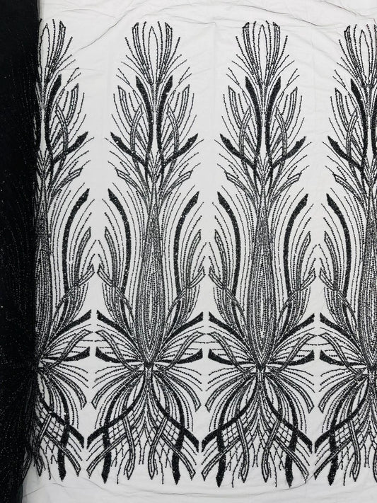 BRIDAL  - BLACK - Designs Embroider with Sequins and Heavy Beaded on a Mesh Lace Fabric - Sold By The Yard