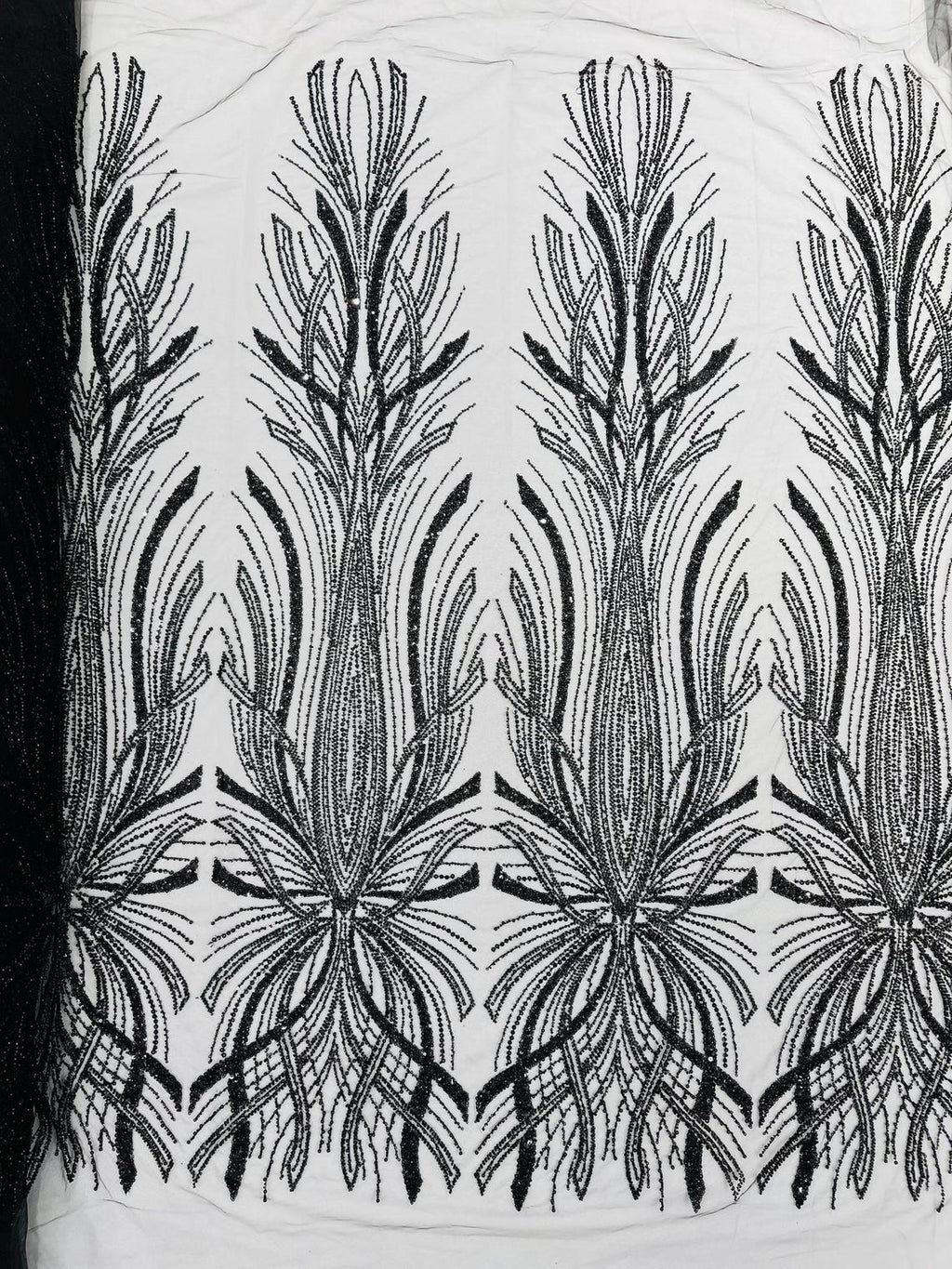 BRIDAL  - BLACK - Designs Embroider with Sequins and Heavy Beaded on a Mesh Lace Fabric - Sold By The Yard