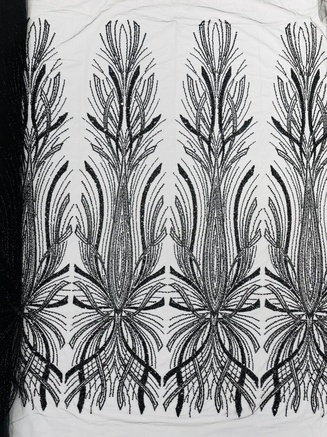 BRIDAL  - BLACK - Designs Embroider with Sequins and Heavy Beaded on a Mesh Lace Fabric - Sold By The Yard