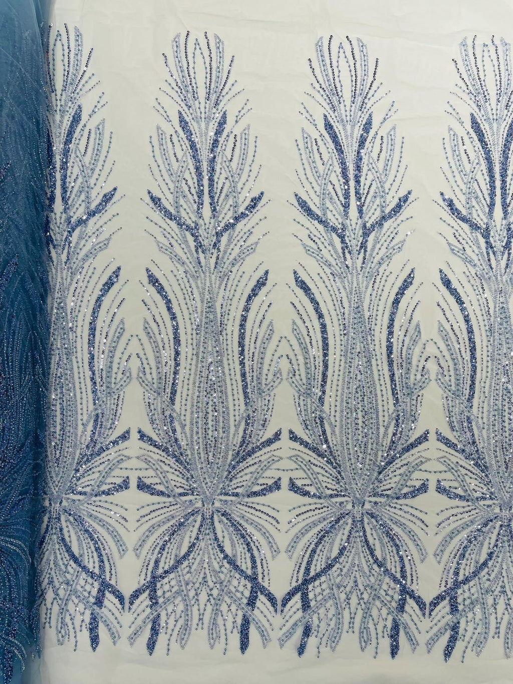 BRIDAL  - LT BLUE - Designs Embroider with Sequins and Heavy Beaded on a Mesh Lace Fabric - Sold By The Yard