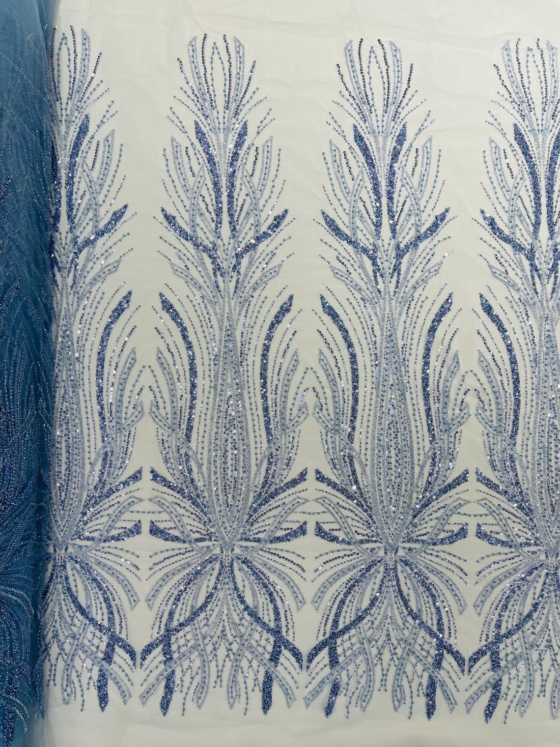 BRIDAL  - LT BLUE - Designs Embroider with Sequins and Heavy Beaded on a Mesh Lace Fabric - Sold By The Yard