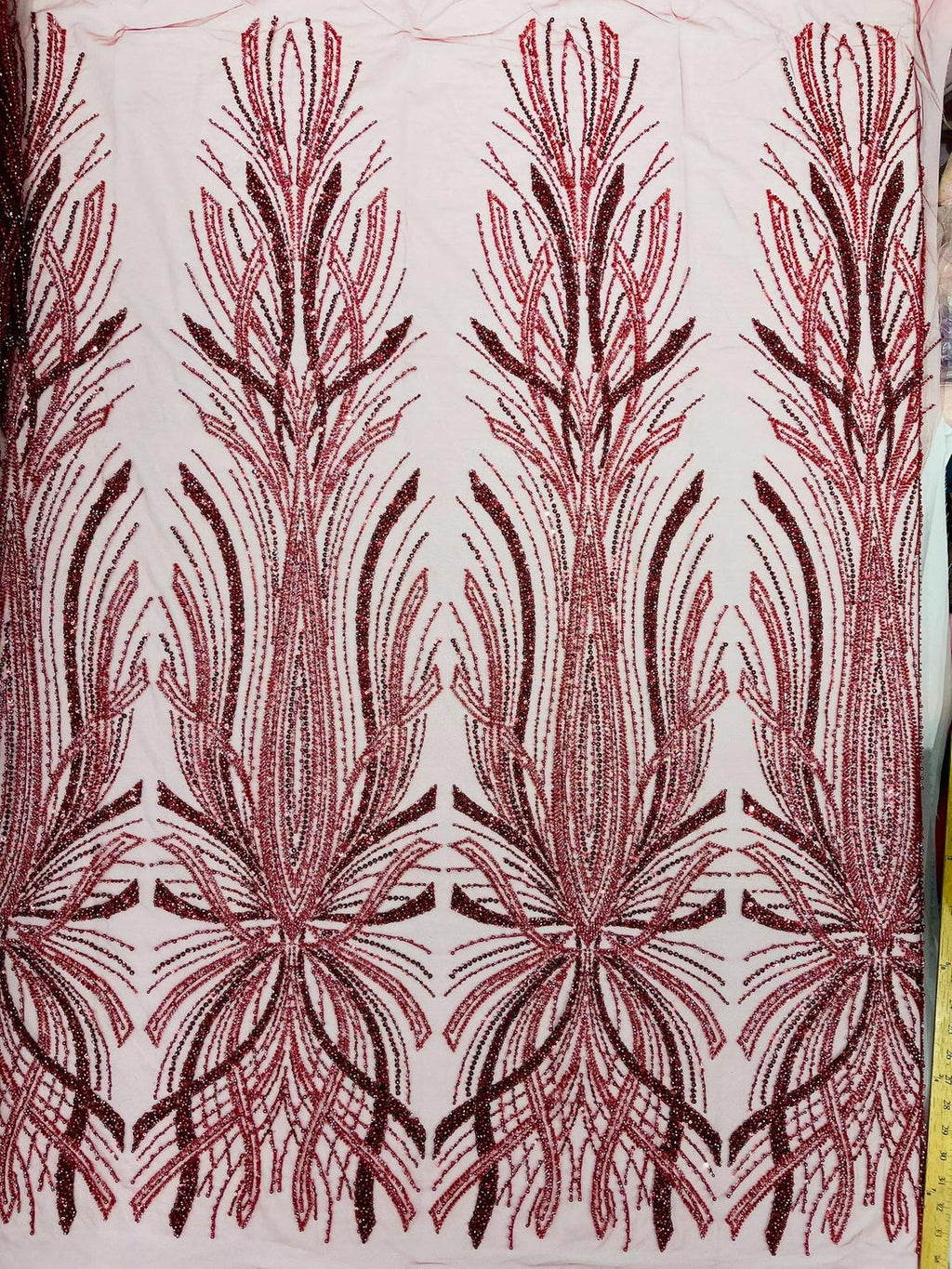 BRIDAL  - BURGUNDY - Designs Embroider with Sequins and Heavy Beaded on a Mesh Lace Fabric - Sold By The Yard