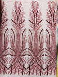 BRIDAL  - BURGUNDY - Designs Embroider with Sequins and Heavy Beaded on a Mesh Lace Fabric - Sold By The Yard