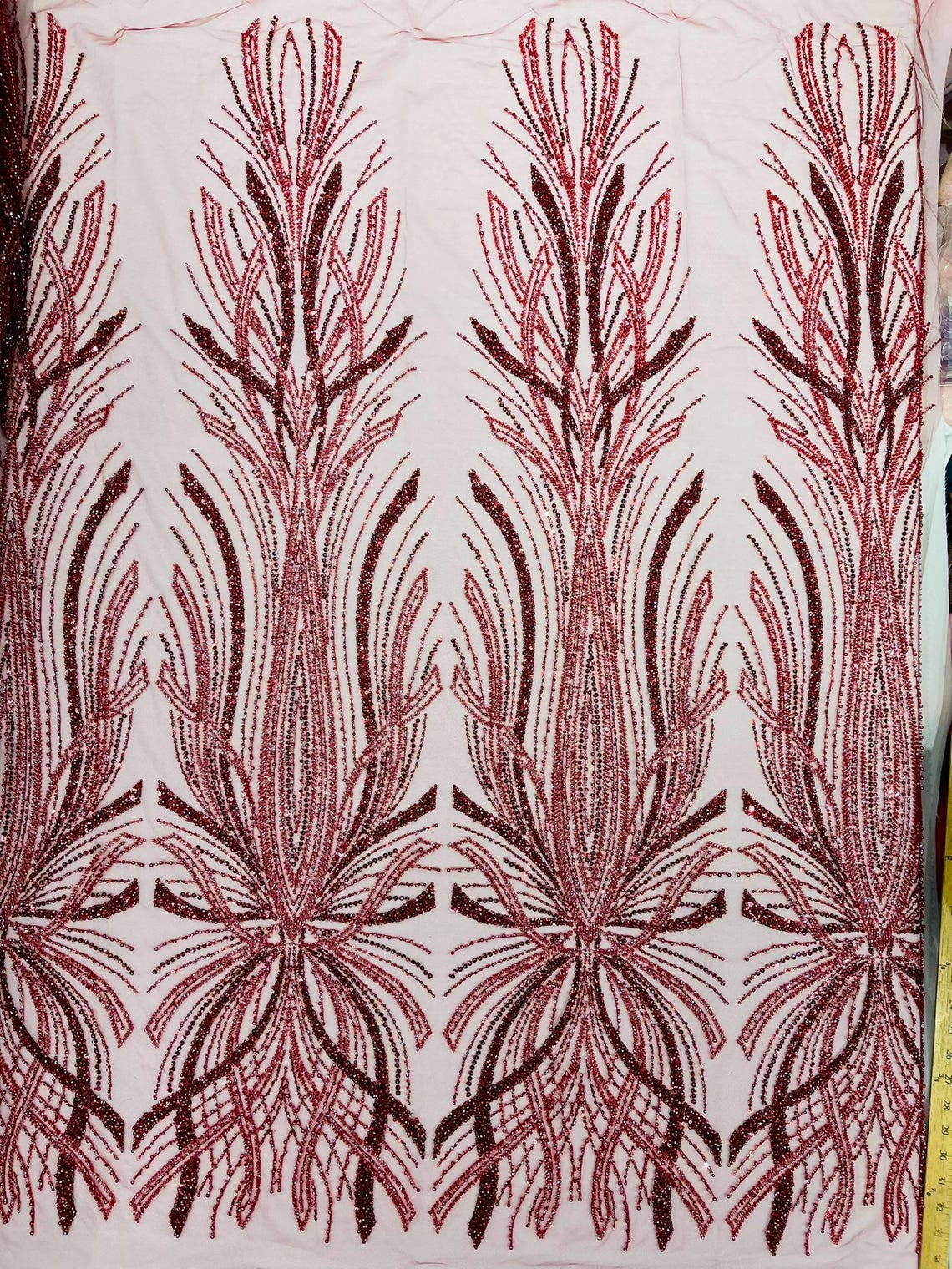 BRIDAL  - BURGUNDY - Designs Embroider with Sequins and Heavy Beaded on a Mesh Lace Fabric - Sold By The Yard