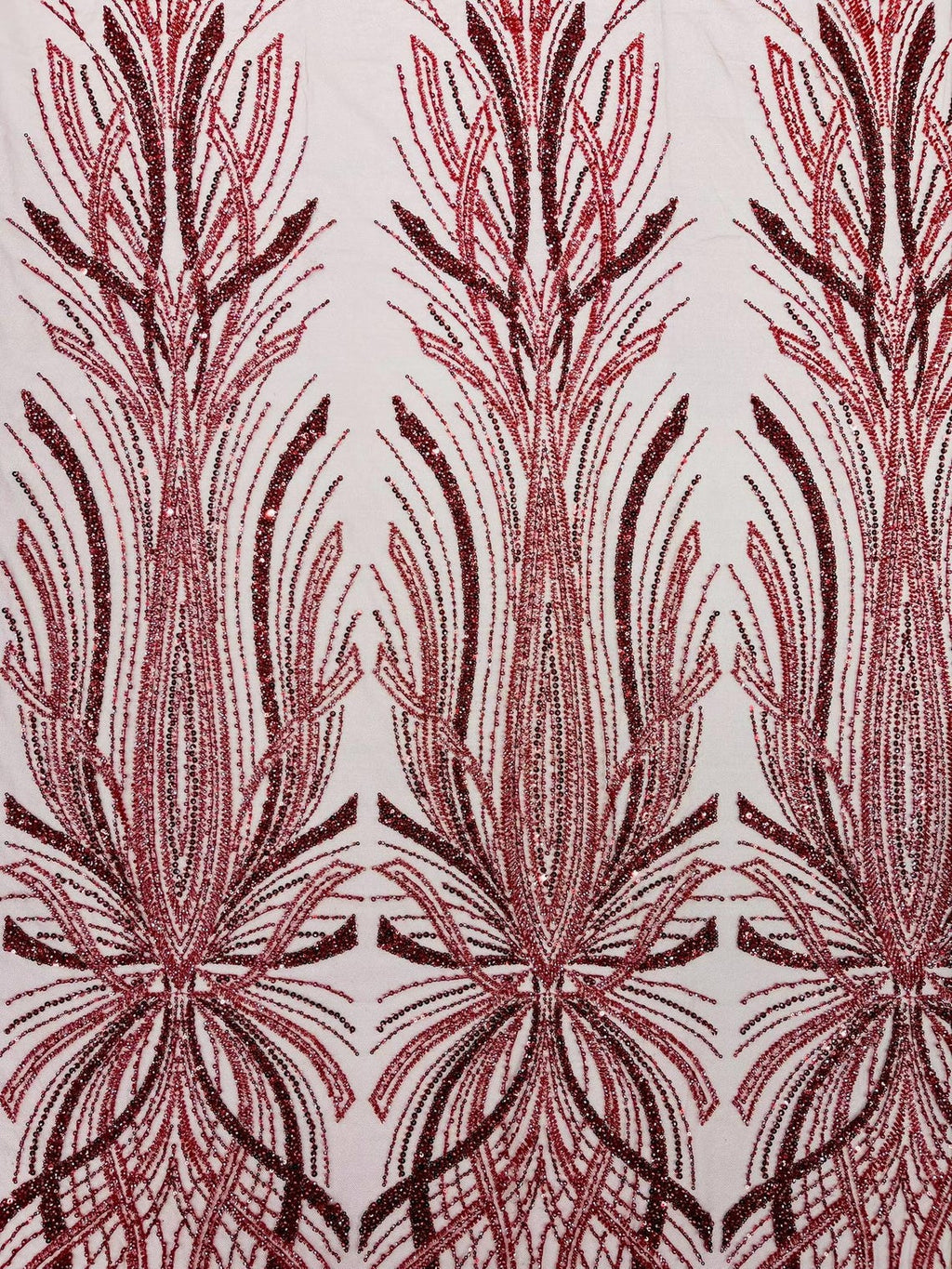 BRIDAL  - BURGUNDY - Designs Embroider with Sequins and Heavy Beaded on a Mesh Lace Fabric - Sold By The Yard