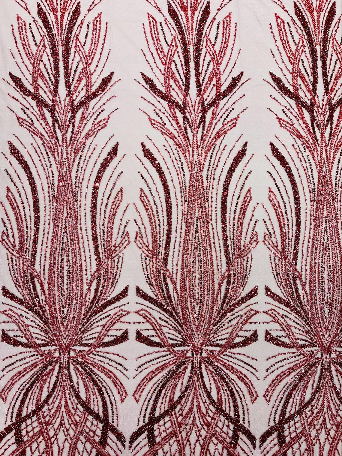 BRIDAL  - BURGUNDY - Designs Embroider with Sequins and Heavy Beaded on a Mesh Lace Fabric - Sold By The Yard
