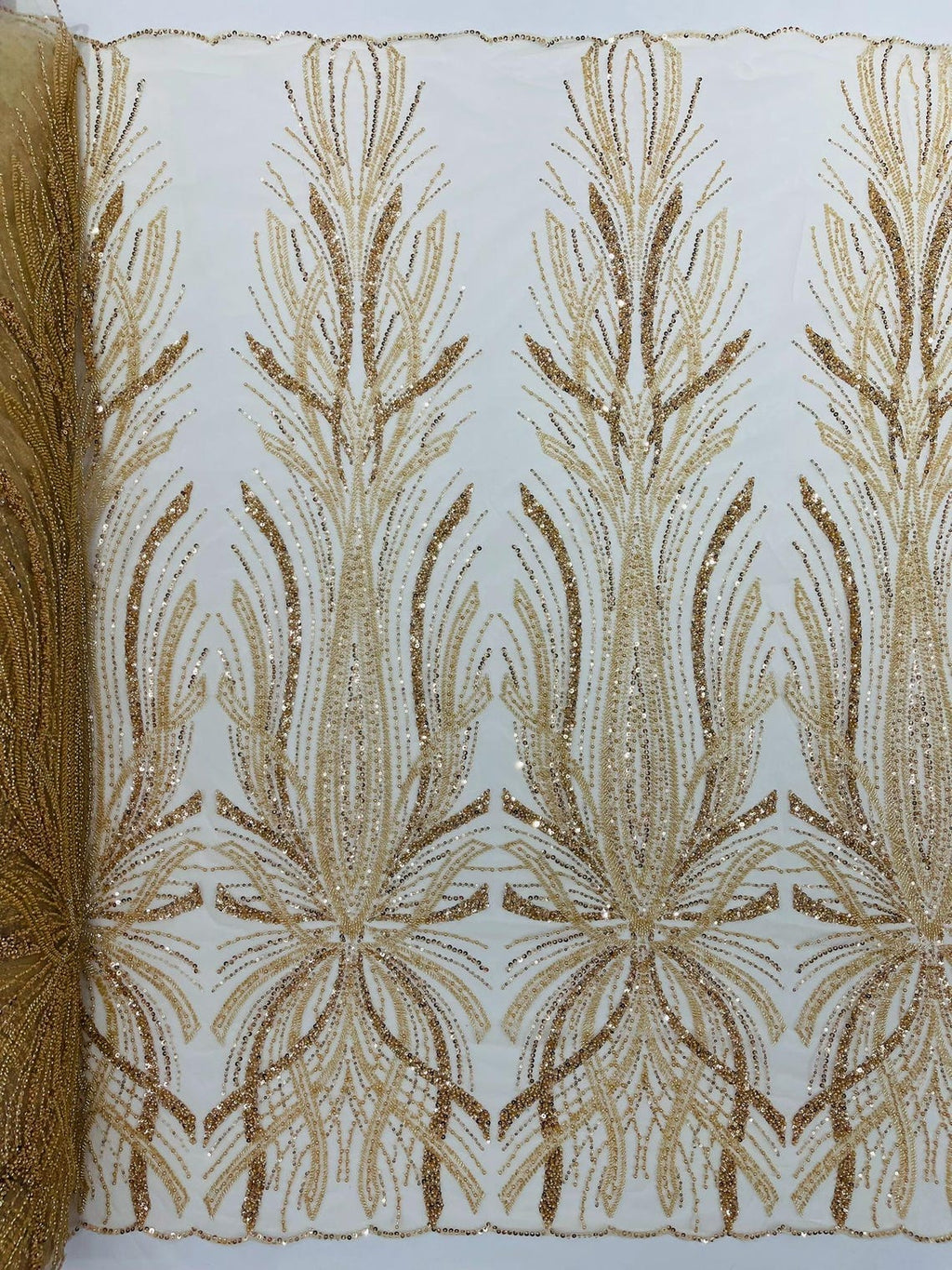BRIDAL  - CHAMPAGNE - Designs Embroider with Sequins and Heavy Beaded on a Mesh Lace Fabric - Sold By The Yard