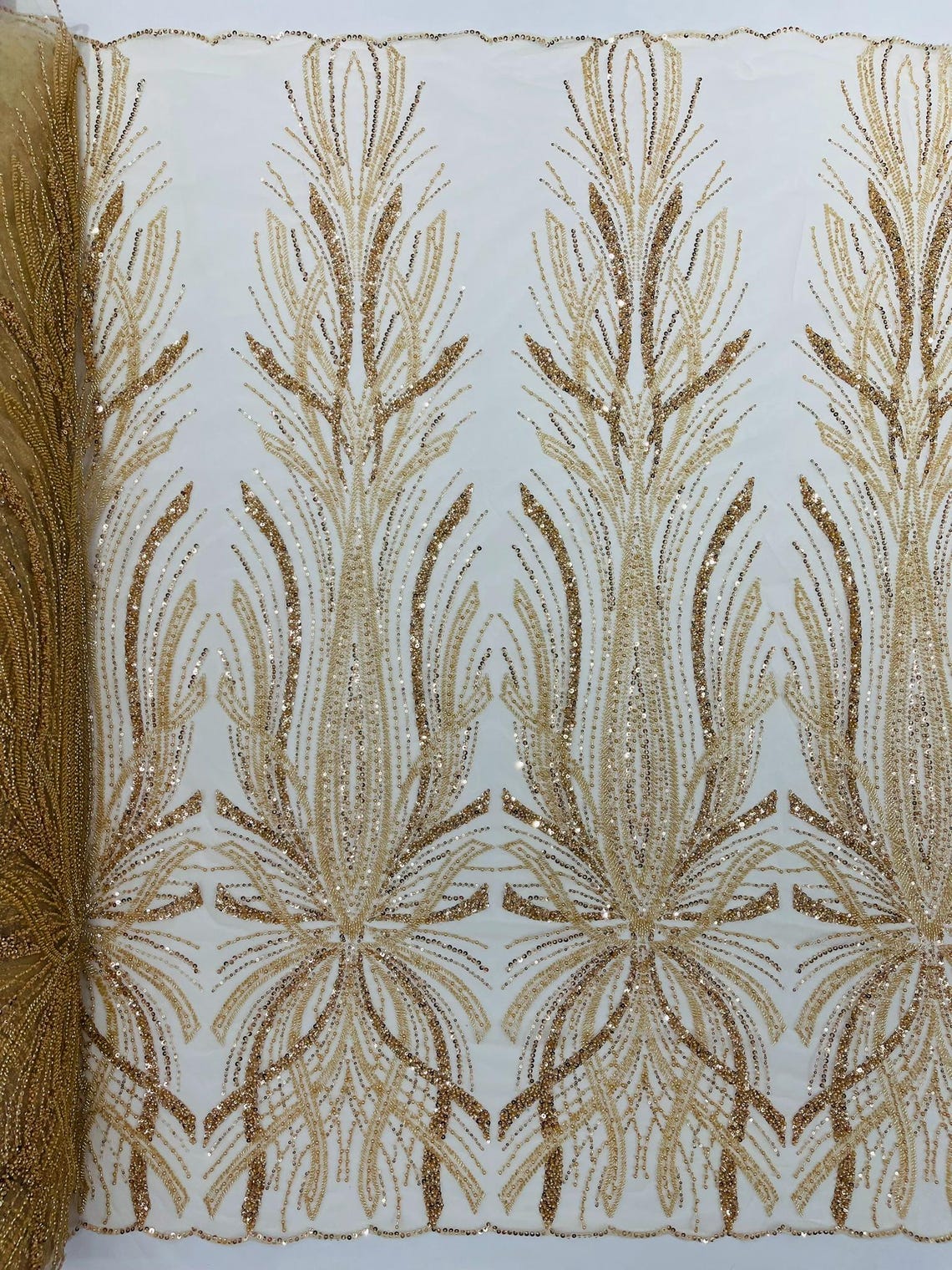 BRIDAL  - CHAMPAGNE - Designs Embroider with Sequins and Heavy Beaded on a Mesh Lace Fabric - Sold By The Yard