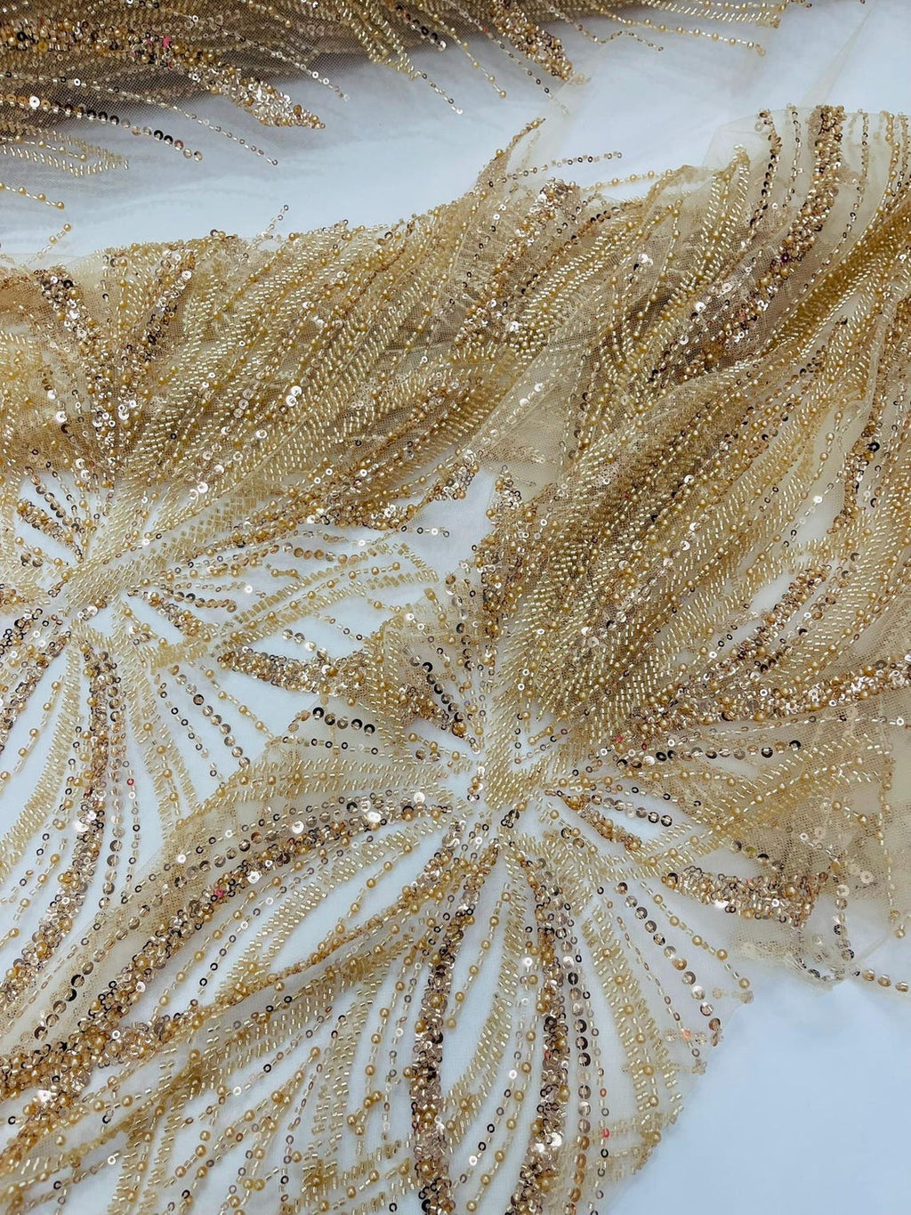 BRIDAL  - CHAMPAGNE - Designs Embroider with Sequins and Heavy Beaded on a Mesh Lace Fabric - Sold By The Yard