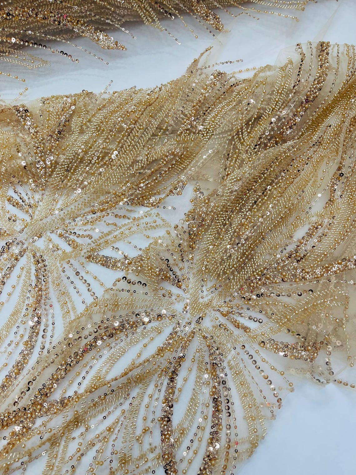 BRIDAL  - CHAMPAGNE - Designs Embroider with Sequins and Heavy Beaded on a Mesh Lace Fabric - Sold By The Yard