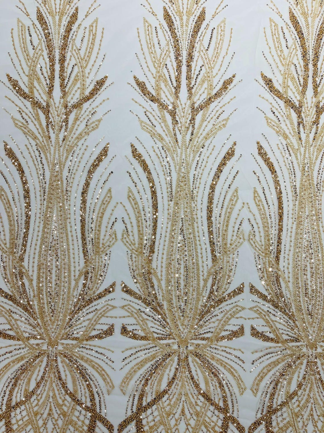 BRIDAL  - CHAMPAGNE - Designs Embroider with Sequins and Heavy Beaded on a Mesh Lace Fabric - Sold By The Yard