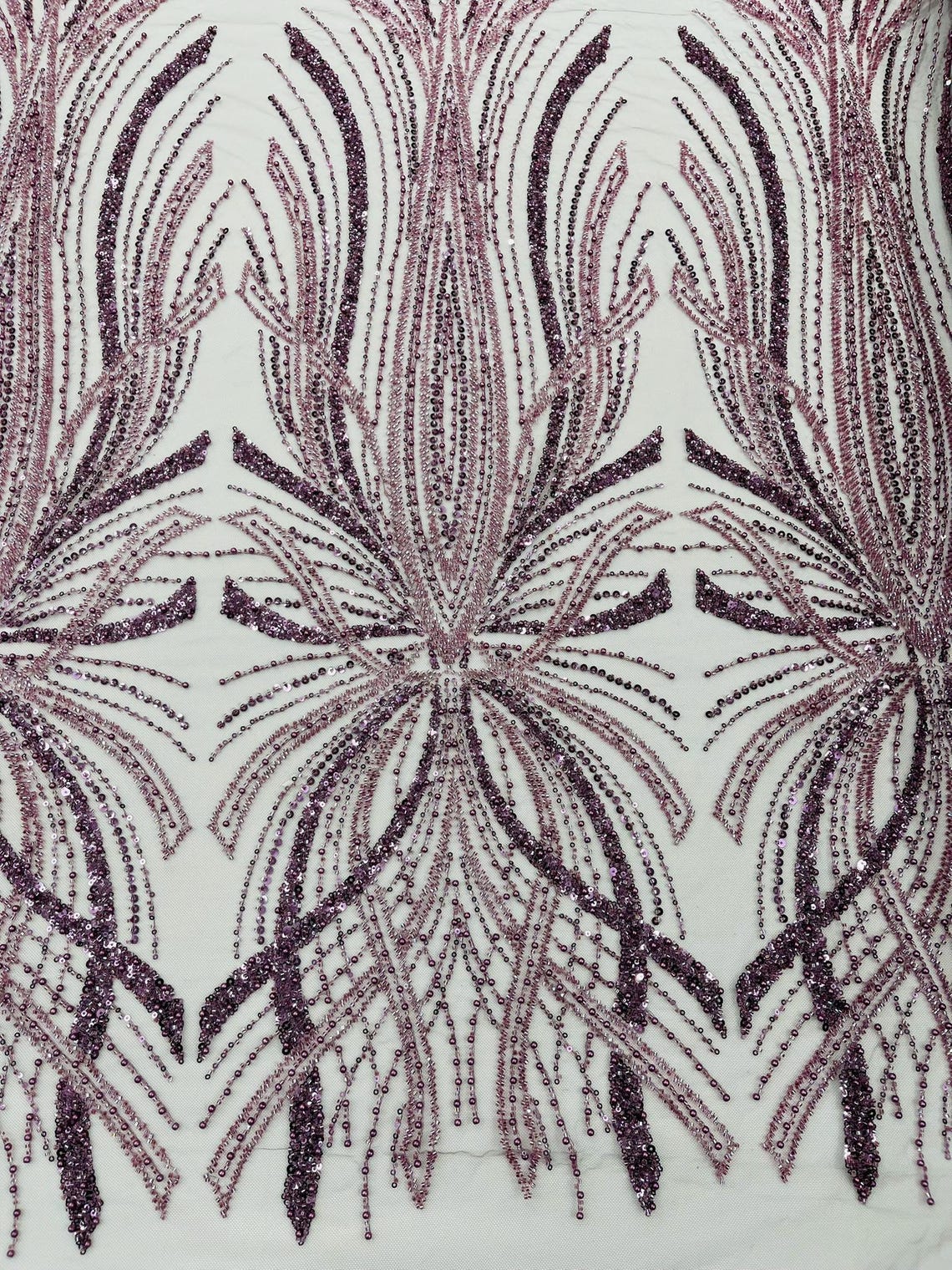 BRIDAL  - DK PLUM - Designs Embroider with Sequins and Heavy Beaded on a Mesh Lace Fabric - Sold By The Yard