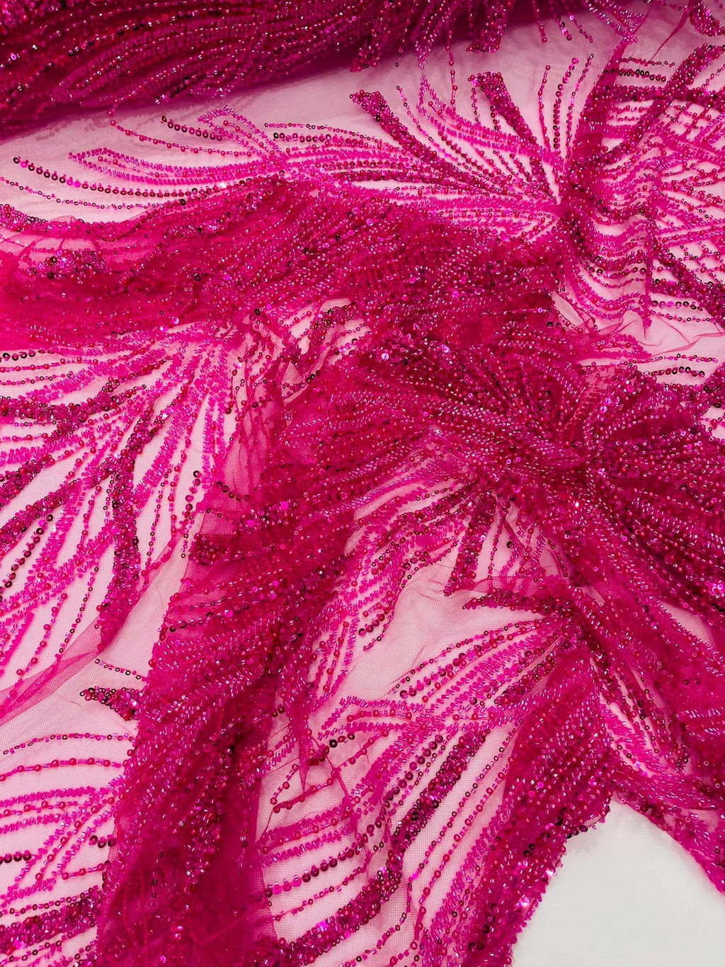 BRIDAL  - HOT PINK - Designs Embroider with Sequins and Heavy Beaded on a Mesh Lace Fabric - Sold By The Yard
